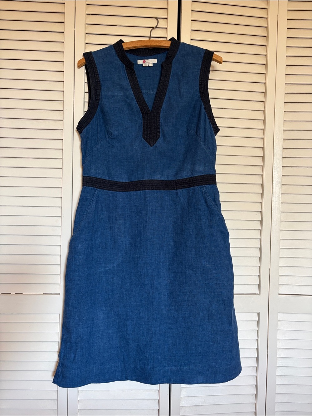 Boden Sleeveless Indigo Mini Dress with Black Trim
